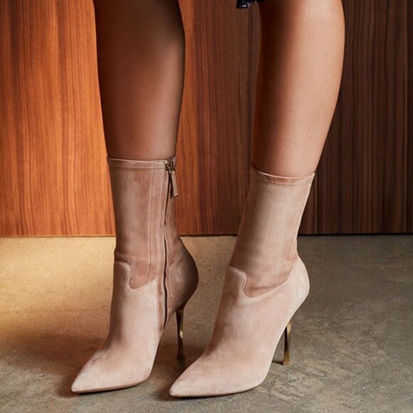 NEW Valentino Garavani Stretch Suede Sock Stiletto Boot Gold Heel | Runway Sleek - Picture 2 of 16